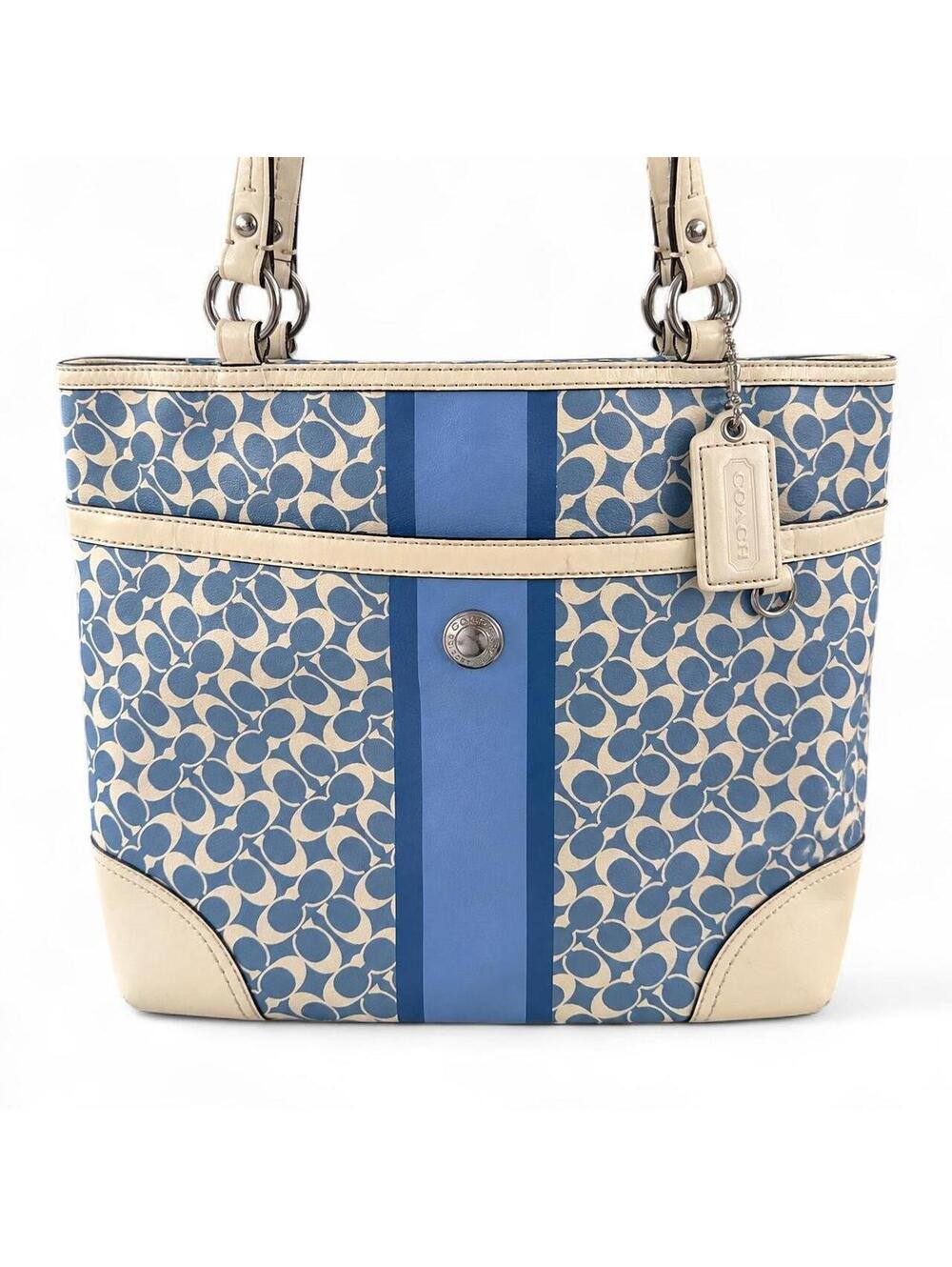beautiful vintage authentic Coach blue and cream tote bag